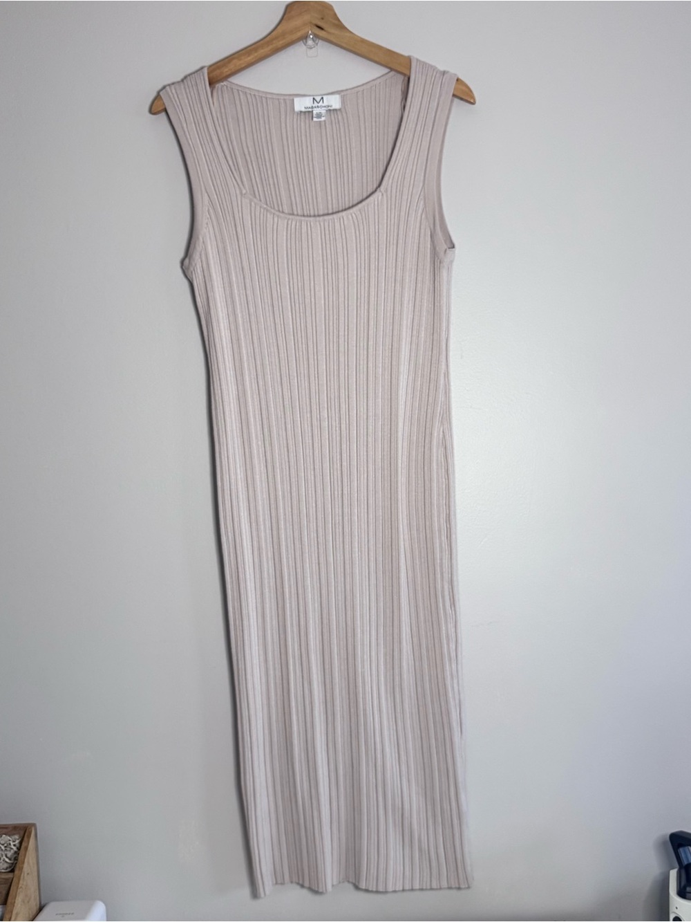 Magaschoni Beige Ribbed Knit Scoop Neck Midi Tank Dress Large